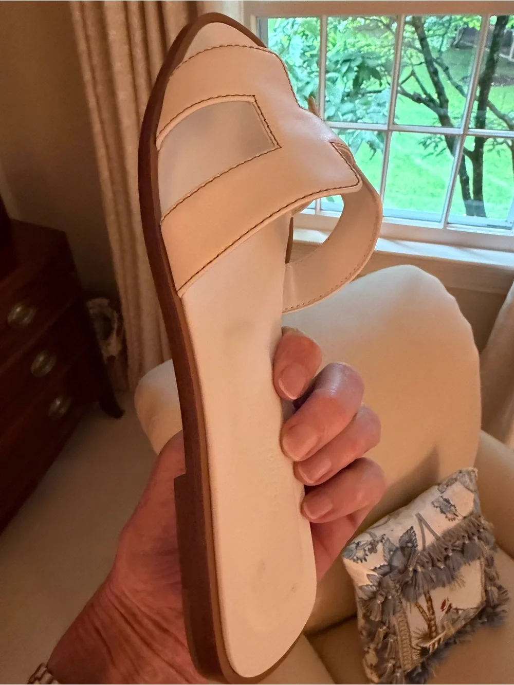 Hermes White Leather Oran Slide Sandals with Brown Trim